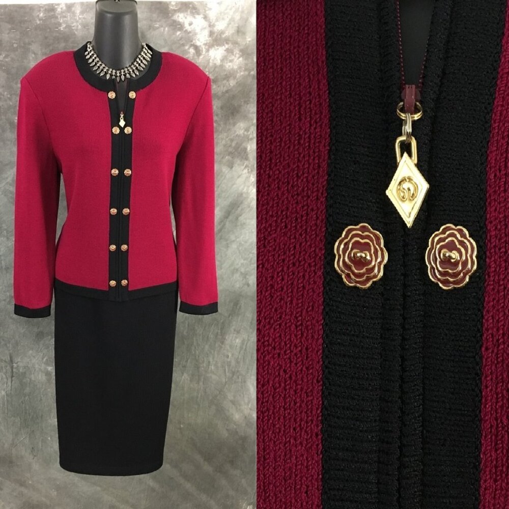 BEAUTIFUL St John collection knit Pink red black multi jacket skirt suit size 6